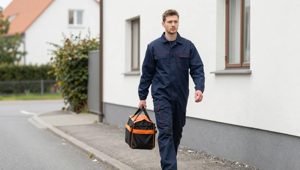 Schädlingsbekämpfer mit Werkzeugtasche auf dem Weg zum Einsatz vor einem Wohnhaus