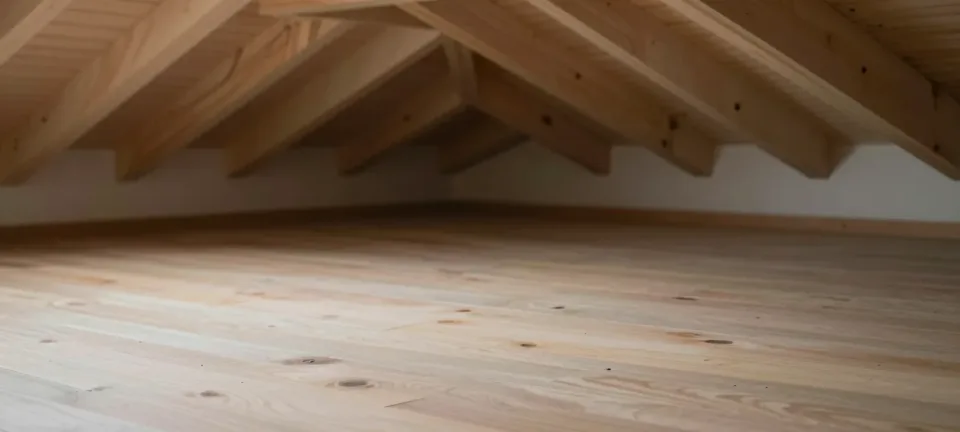 Leerer Dachboden mit sichtbaren Sparren und Dielenboden