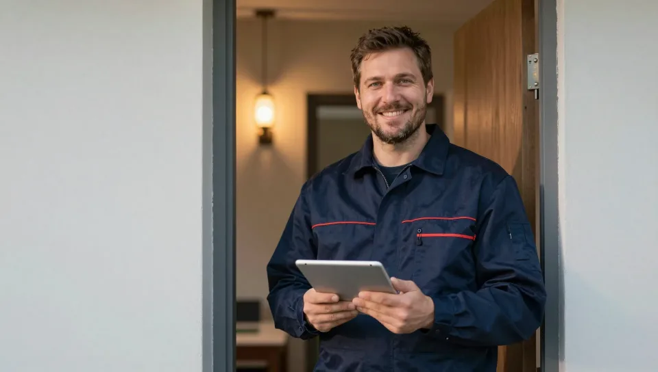 Schädlingsbekämpfer mit Tablet an der Wohnungstür