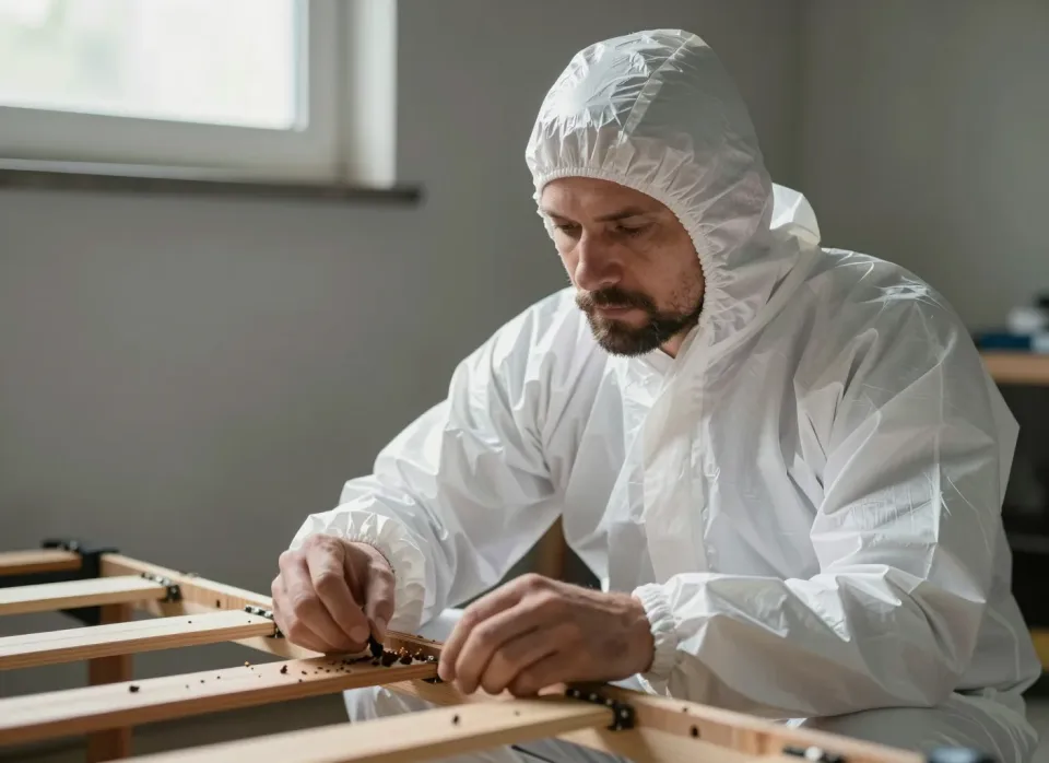 Techniker im Schutzanzug untersucht ein Bettgestell auf Bettwanzenspuren