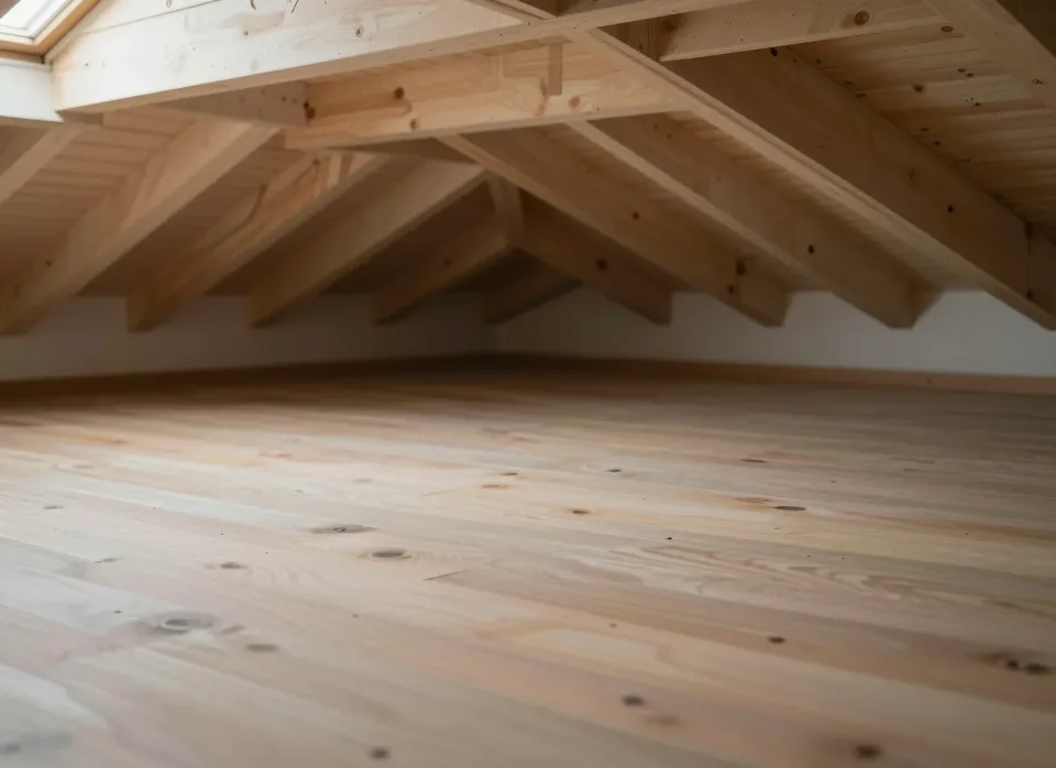 Leerer Dachboden mit sichtbaren Sparren und Dielenboden