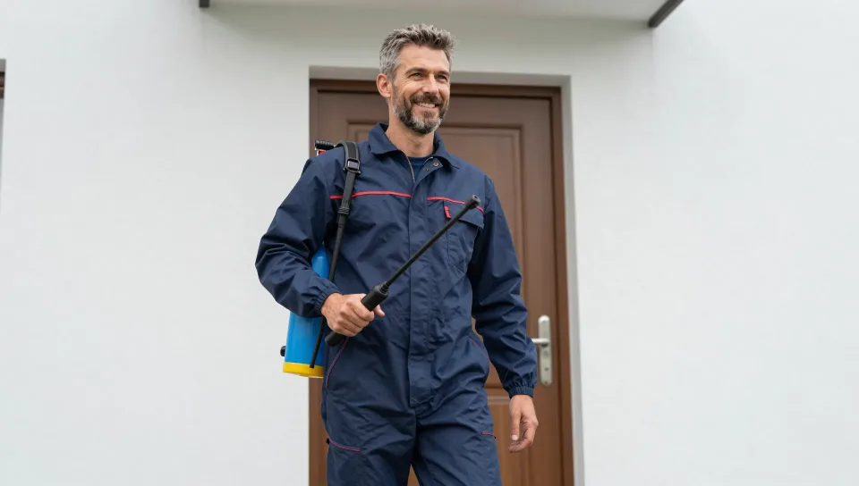 Schädlingsbekämpfer mit Drucksprühgerät vor einer Haustür