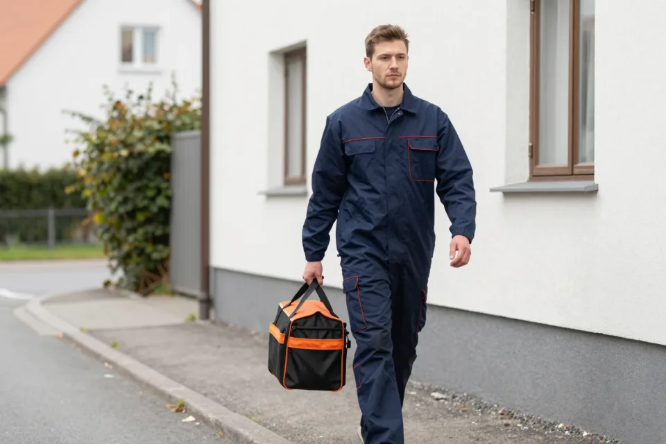 Schädlingsbekämpfer mit Werkzeugtasche auf dem Weg zum Einsatz