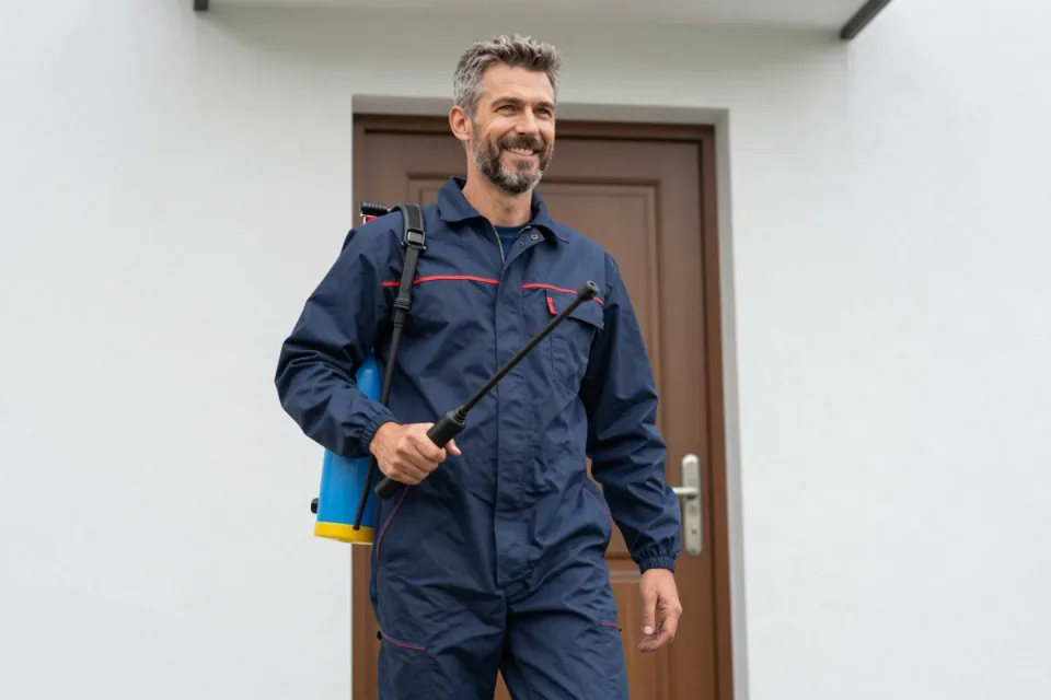 Schädlingsbekämpfer mit Drucksprühgerät vor einer Haustür