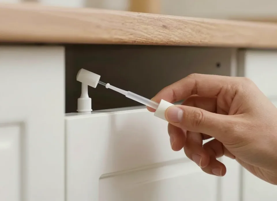 Ködergel wird punktgenau in die Fuge unter einer Küchenzeile gesetzt