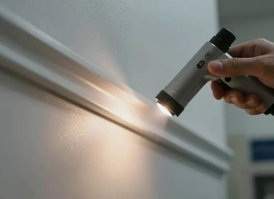 Inspektionsleuchte am Übergang von Wand und Leiste