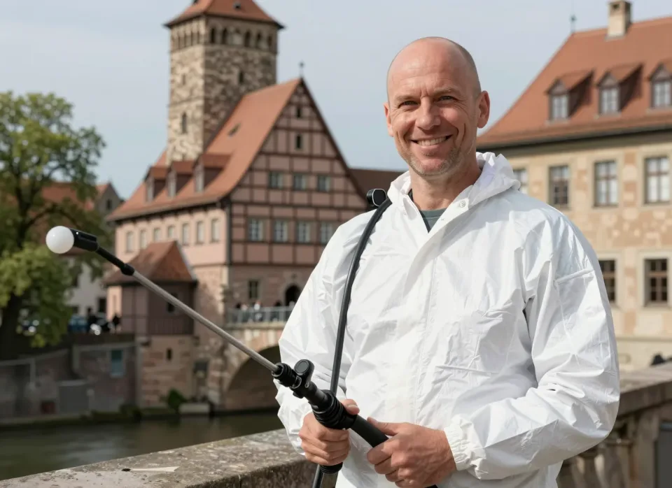 Schädlingsbekämpfer an der Pegnitz vor Weinstadel und Wasserturm in der Nürnberger Altstadt