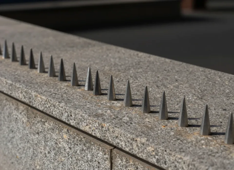 Reihe montierter Taubenspikes entlang einer BetonbrĂĽstung