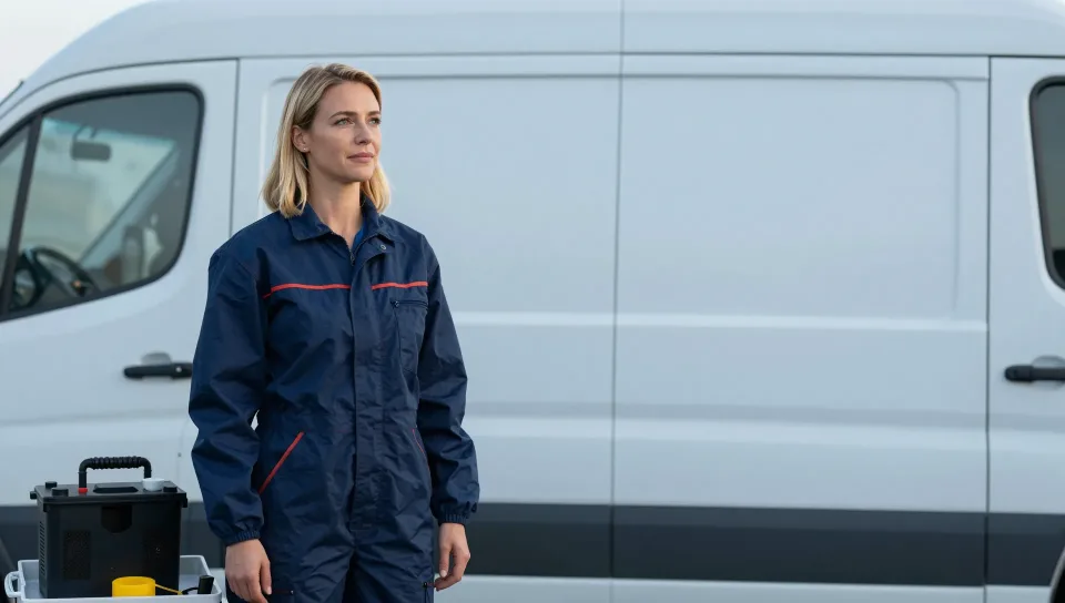 Mitarbeiterin mit Ausrüstungskoffer vor dem Einsatzfahrzeug