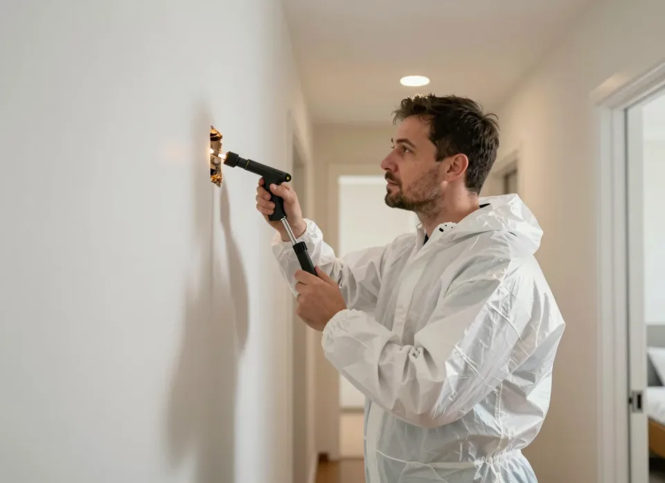 Eintrittsloch in einer Flurwand wird mit der Leuchte untersucht